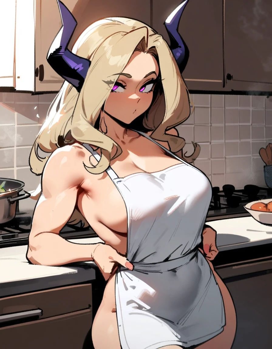 1girl, mount lady, boku no hero academia \\\\\ masterpiece, best quality, very aesthetic, absurdres, newest \\\\\\ sportive body,  \\\\\\  by dodok, nyantcha, cutesexyrobutts, by khyle ///// blonde, purple eyes,   , 24 years old,kitchen, wearing only apron,naked
