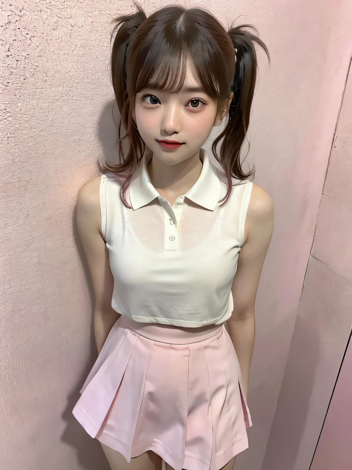 One person、、Full body photo,slender、woman、White drool coming out of the mouth、smile、、Twin tails、 Fair skin, messy hair, super cute、Soft and Face、8K resolution、Surreal、Ultra high definition、 A-cup small breasts((Highest resolution、8K、masterpiece:1.3))、Ultra-fine face、Ultra Fine Lips、Beautiful Eyes、double eyelid,Pink wall、Sleeveless red polo shirt、White Skirt、Thighs、thin,Thighsが見える、Shapely small breasts、sexy、So cute!