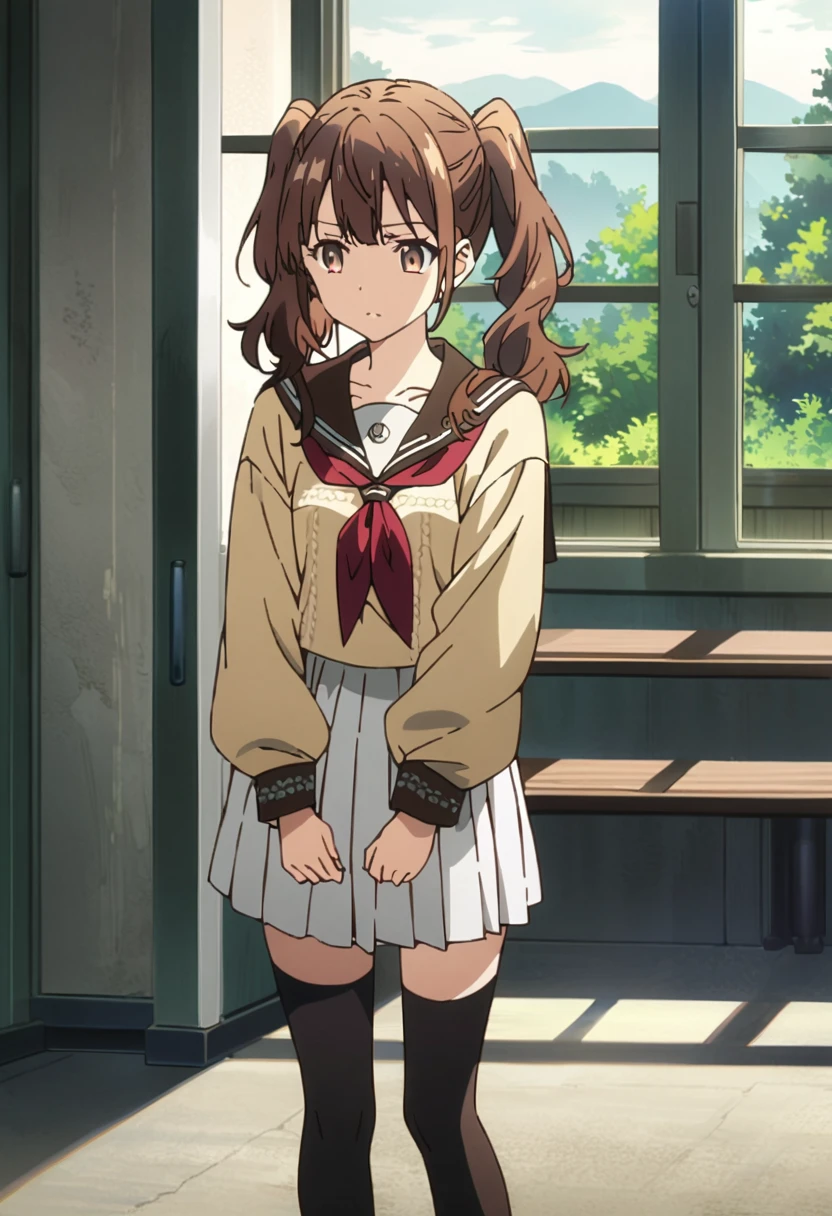 ,(upperbody:1),dsrise, brown hair, long hair, twintails, brown eyes, yasogami , serafuku, black thighhighs, 1girl, solo ,standing, school,ground, (cinematic), anime screencap:0.8, official art, masterpiece, best quality,UHD,HDR,intricate detailed,aesthetic,very aesthetic,,