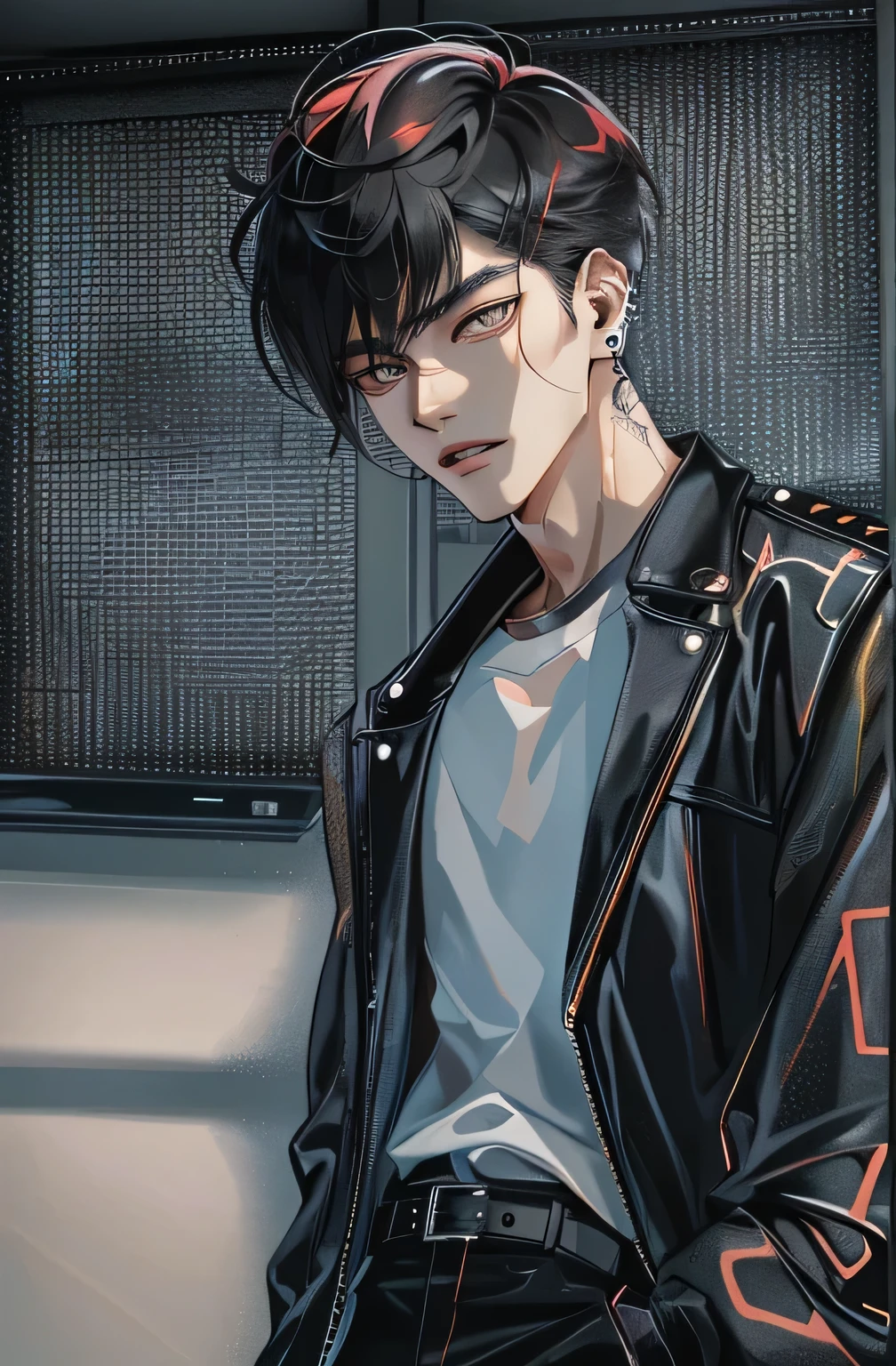An absurd HDR masterpiece, High quality picture of a Korean boy in clear HD graphics, with his piercing amber eyes and chiseled jawline, dressed in stylish clothes, modern outfit, highlighting his lean physique. His short K-pop hair is styled in a modern style., giving him an air of confidence and charm, when he stands against a beautiful background