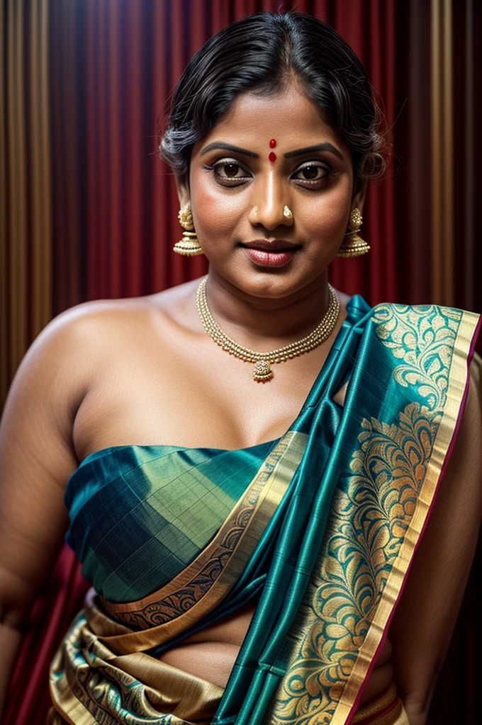 An Extremely gorgeous and beautiful Bengali village woman, 45 yo, pale white skin, sensual appealing body, perfect thick and chubby Beauty, wearing saree bare-chested, curvy, sexy navel folds, fleshy figure, Bengali village style saree, wearing a Bengali-style saree without a blouse,, ethnic vintage bengali village woman, bengali style saree, The sari was worn without a blouse and petticoat before the British Raj, baring one's chest or being blouseless, simple village ornaments, Bengalis a.k.a. Bongs are known for their unique Bengali fashion sense (the way they don that sari makes you go wow), Pre British Raj, Pre colonial era, Bengali Woman draping sari without blouse is a normal thing in pre British Era, bong woman, fine Art photography, artistic photography, sensually appealing, award winning photography, ethnic traditional beauty, 