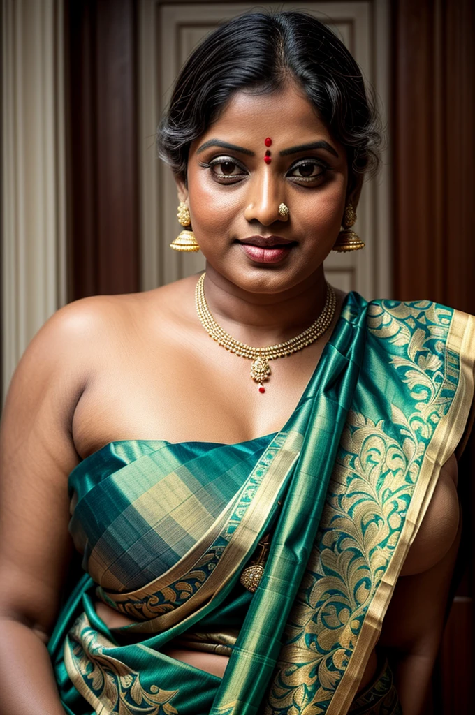 An Extremely gorgeous and beautiful Bengali village woman, 45 yo, pale white skin, sensual appealing body, perfect thick and chubby Beauty, wearing saree bare-chested, curvy, sexy navel folds, fleshy figure, Bengali village style saree, wearing a Bengali-style saree without a blouse,, ethnic vintage bengali village woman, bengali style saree, The sari was worn without a blouse and petticoat before the British Raj, baring one's chest or being blouseless, simple village ornaments, Bengalis a.k.a. Bongs are known for their unique Bengali fashion sense (the way they don that sari makes you go wow), Pre British Raj, Pre colonial era, Bengali Woman draping sari without blouse is a normal thing in pre British Era, bong woman, fine Art photography, artistic photography, sensually appealing, award winning photography, ethnic traditional beauty,