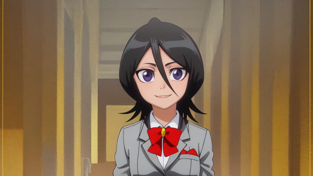 ((Highest quality)), ((Very detailed)), Very detailed顔, Beautiful Face, , (One girl), Cowboy Shot, Rukia, Black Hair, short hair, Hair between the eyes, Purple eyes, Small breasts, smile, Gray Blazer, White collared shirt, Red bow tie, Grey pleated skirt, shoes下, shoes, whole body