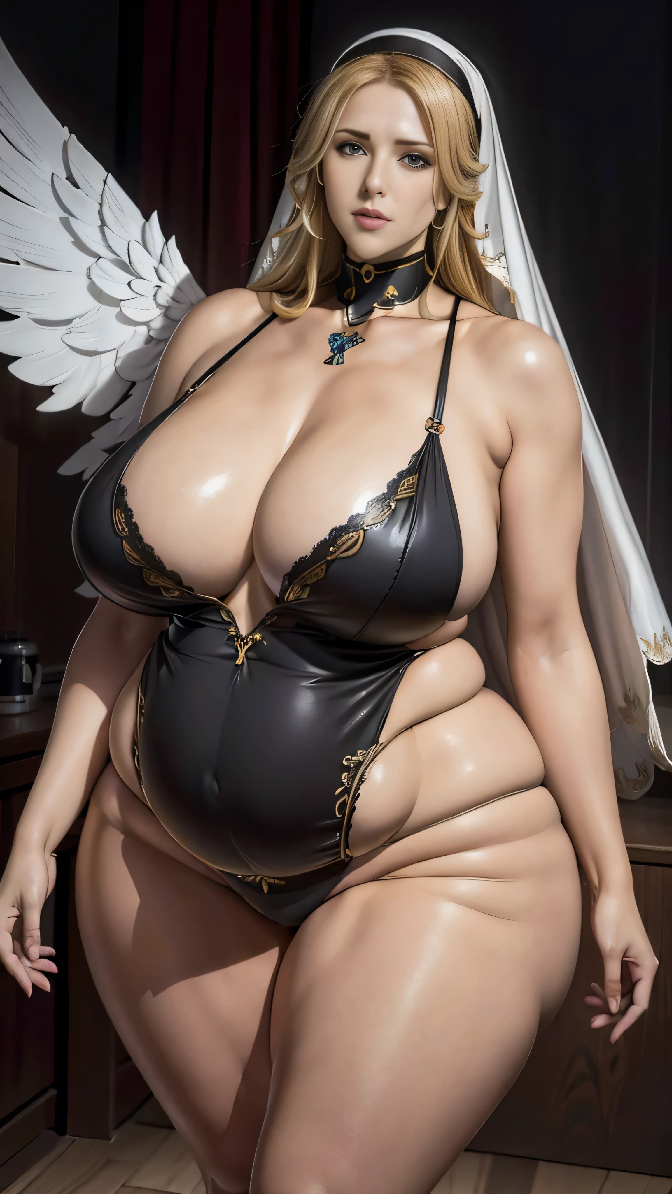 ((RAW Photos)), ((masterpiece)), Anthropomorphic humanoid angel milf in nun armor, Intricate details, football, A complex Greebles piece, Yellow wings, beautiful, beautiful目と唇, Chubby Mature Woman, Very large breasts, Very large breasts, Very large breasts, Black Leotard Swimsuit(White line), Sensual appearance, Curvy Model, very voluptuous body, Sensual body, Plus Size Women, Attractive plus size model, Pregnant women, Pregnant women, Anthropomorphic humanoid angel milf in nun armor, Intricate details, football, A complex Greebles piece, Yellow wings,