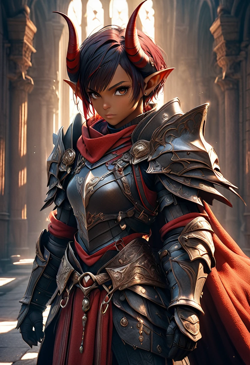 a powerful knight, dark skin, red short hair, pointy ears, horns, wearing half-armor, dramatic shadows, digital art, highly detailed, intricate details, cinematic lighting, epic fantasy, (best quality,4k,8k,highres,masterpiece:1.2),ultra-detailed,(realistic,photorealistic,photo-realistic:1.37),concept art