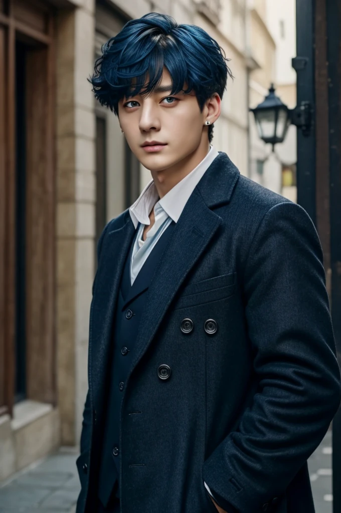 Jungkook look like sherlock holmes with blue eyes and dark blue hair