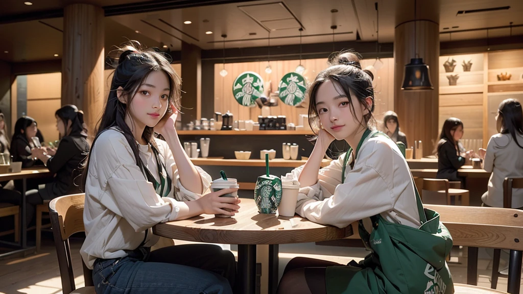8K、RAW Photos、Highest quality、Super detailed、Super Resolution、Ultra HD、8K壁紙、Amazing details
(((Inside the Starbucks store)))、Woman sitting at a table by the window、16-year-old girl、((((Girls' High School Uniforms))))、(((Eat cake、Drink coffee、smile)))、Emphasize cleavage
