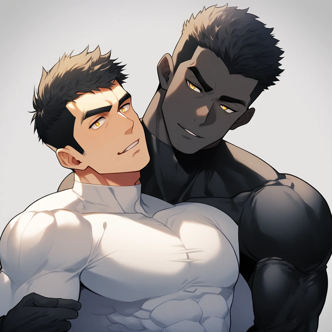 anime characters：Two superheroes in tights, Muscle superhero, negro black skin, They hugged and kissed each other, Bite your neck, Caress, Manliness, male focus, Yellow and black high collar long sleeve tight T-shirt, Slightly transparent material, Very tight, Round, full and perky chest muscles, Muscle waist, Slightly transparent, muscular male, muscular, only, Upper body, alone, Black short hair, Thick eyebrows, stubble, Yellow eyes, Grey background, simple background, amazing quality, best aesthetics, Ridiculous, bright pupils, crew cut, parted lips, seductive smile, torogao, naughty face, drop shadow, best quality