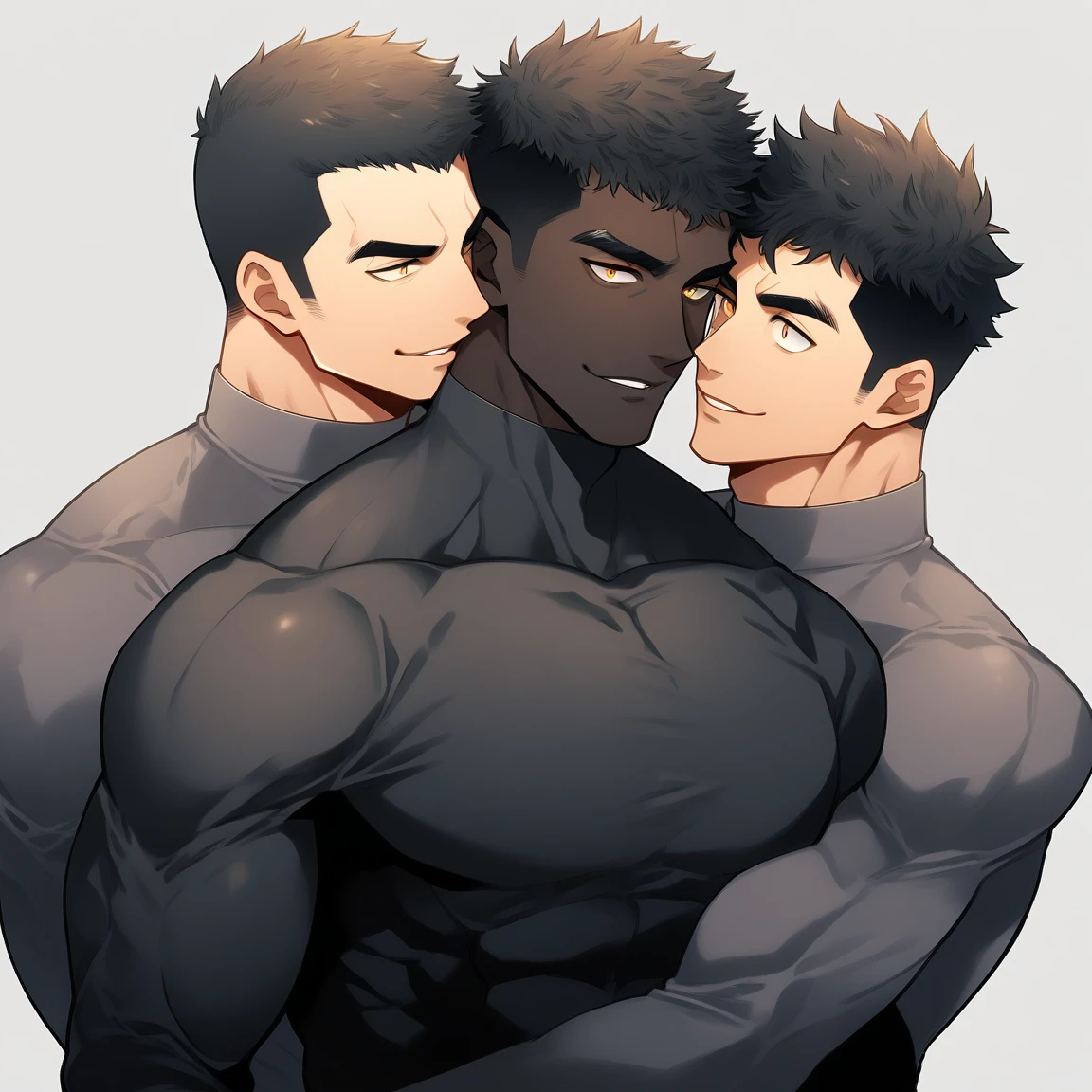 anime characters:Two superheroes in tights, Muscle superhero, negro black skin, They hugged and kissed each other, Bite your neck, Caress, Manliness, male focus, Yellow and black high collar long sleeve tight T-shirt, Slightly transparent material, Very tight, Round, full and perky chest muscles, Muscle waist, Slightly transparent, muscular male, muscular, only, Upper body, alone, Black short hair, Thick eyebrows, stubble, Yellow eyes, Grey background, simple background, amazing quality, best aesthetics, Ridiculous, bright pupils, crew cut, parted lips, seductive smile, torogao, naughty face, drop shadow, best quality