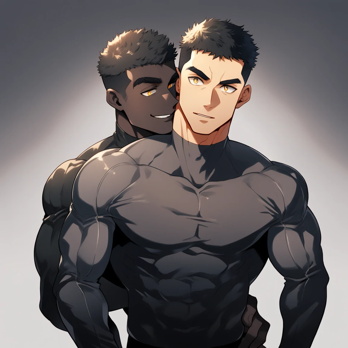 anime characters：Two superheroes in tights, Muscle superhero, negro black skin, They hugged and kissed each other, Bite your neck, Caress, Manliness, male focus, Yellow and black high collar long sleeve tight T-shirt, Slightly transparent material, Very tight, Round, full and perky chest muscles, Muscle waist, Slightly transparent, muscular male, muscular, only, Upper body, alone, Black short hair, Thick eyebrows, stubble, Yellow eyes, Grey background, simple background, amazing quality, best aesthetics, Ridiculous, bright pupils, crew cut, parted lips, seductive smile, torogao, naughty face, drop shadow, best quality