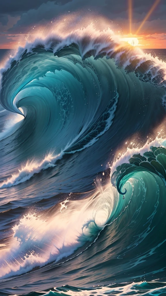 A captivating illustration featuring a giant ocean wave reminiscent of Hokusai’s “The Great Wave off Kanagawa,” rendered in a modern, stylized manner. The wave is the central focus, depicted with vibrant shades of blue and white, crashing towards the viewer. The crest of the wave is detailed with foam and spray, giving it a dynamic and energetic appearance. In the background, a dramatic sky is painted with a gradient of warm colors transitioning from deep red and orange near the horizon to lighter pinks and purples higher up, filled with voluminous clouds that add depth and texture to the scene. The entire composition is set against the backdrop of a setting or rising sun, casting a soft, warm glow over the ocean and sky, enhancing the overall dramatic and serene atmosphere of the artwork. The image captures the raw power of nature and the beauty of the sea, using bold lines and a harmonious color palette.