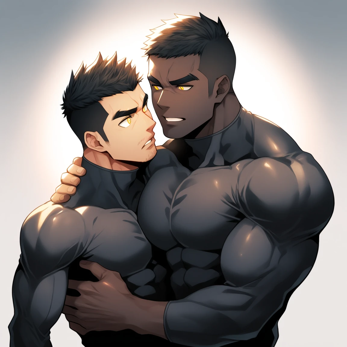 aanime characters:Two superheroes in tights, Muscle superhero, Black Short Hair, negro black skin, They hugged and kissed each other, Bite your neck, Caress, Manliness, male focus, Yellow and black high collar long sleeve tight T-shirt, Slightly transparent material, Very tight, Round, full and perky chest muscles, Muscle waist, Slightly transparent, muscular male, muscular, only, Upper body, alone, Black Short Hair, Thick eyebrows, stubble, Yellow eyes, Grey background, simple background, amazing quality, best aesthetics, Ridiculous, bright pupils, crew cut, parted lips, heavy breathing, pain, horrified, drop shadow, best quality