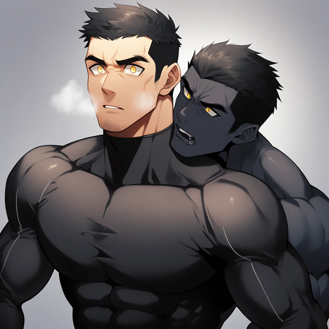 aanime characters:Two superheroes in tights, Muscle superhero, Black Short Hair, negro black skin, They hugged and kissed each other, Bite your neck, Caress, Manliness, male focus, Yellow and black high collar long sleeve tight T-shirt, Slightly transparent material, Very tight, Round, full and perky chest muscles, Muscle waist, Slightly transparent, muscular male, muscular, only, Upper body, alone, Black Short Hair, Thick eyebrows, stubble, Yellow eyes, Grey background, simple background, amazing quality, best aesthetics, Ridiculous, bright pupils, crew cut, parted lips, heavy breathing, pain, horrified, drop shadow, best quality