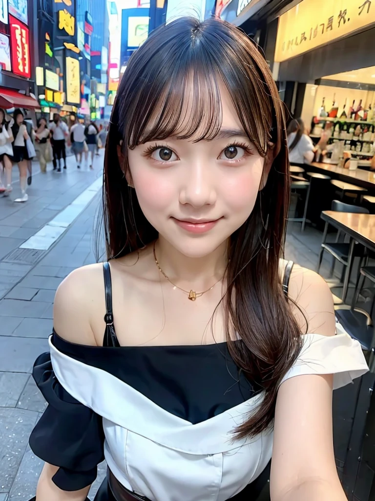 (table top, highest quality:1.5), realistic、Photoreal, full body photo, absurdes, delicate body、mini dress、off shoulder、cute face, idol face, beautiful girl, The background is an intersection、looking at the viewer, outdoor、Many people commute、no makeup, (smile:1.4), chromatic aberration, sharp focus, clear lighting、18-year-old、 detailed face, medium long straight hair、small breasts:1.4、sexy pose:1.5. My girlfriend likes alcohol。Alone in the streets of Shinjuku in beautiful style