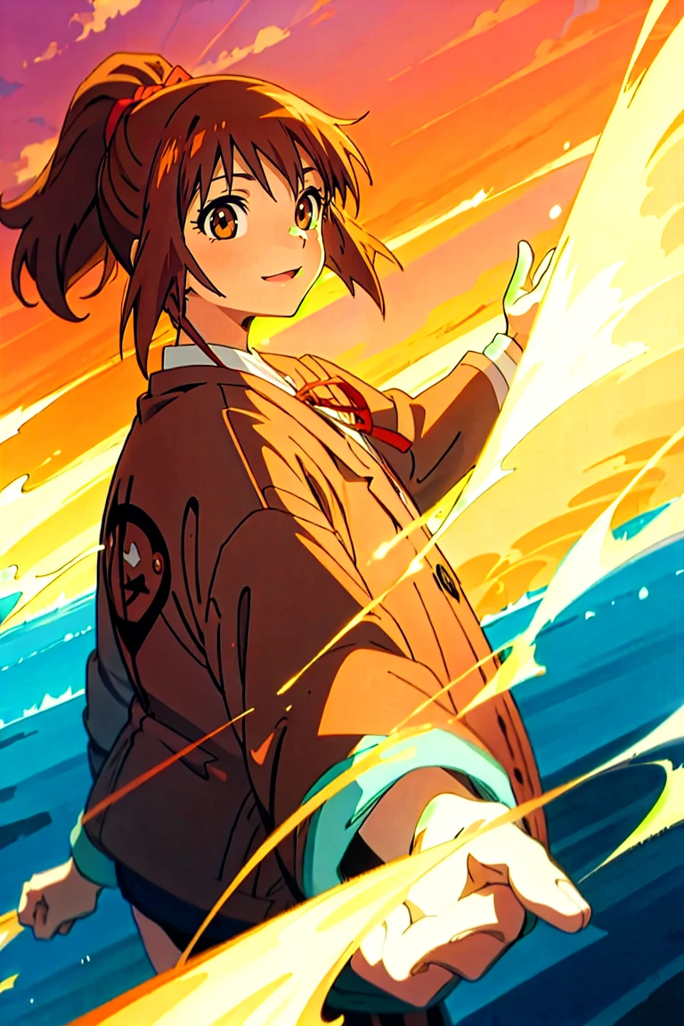 (masterpiece, best quality:1.2), samidare asahina, 1girl, brown eyes, brown hair, jacket, long sleeves, neck ribbon, ocean, red sky, dawn, ponytail, red ribbon, ribbon, , shirt, short hair, solo, sunset, white shirt, (anime, high details, super detail:1.55)