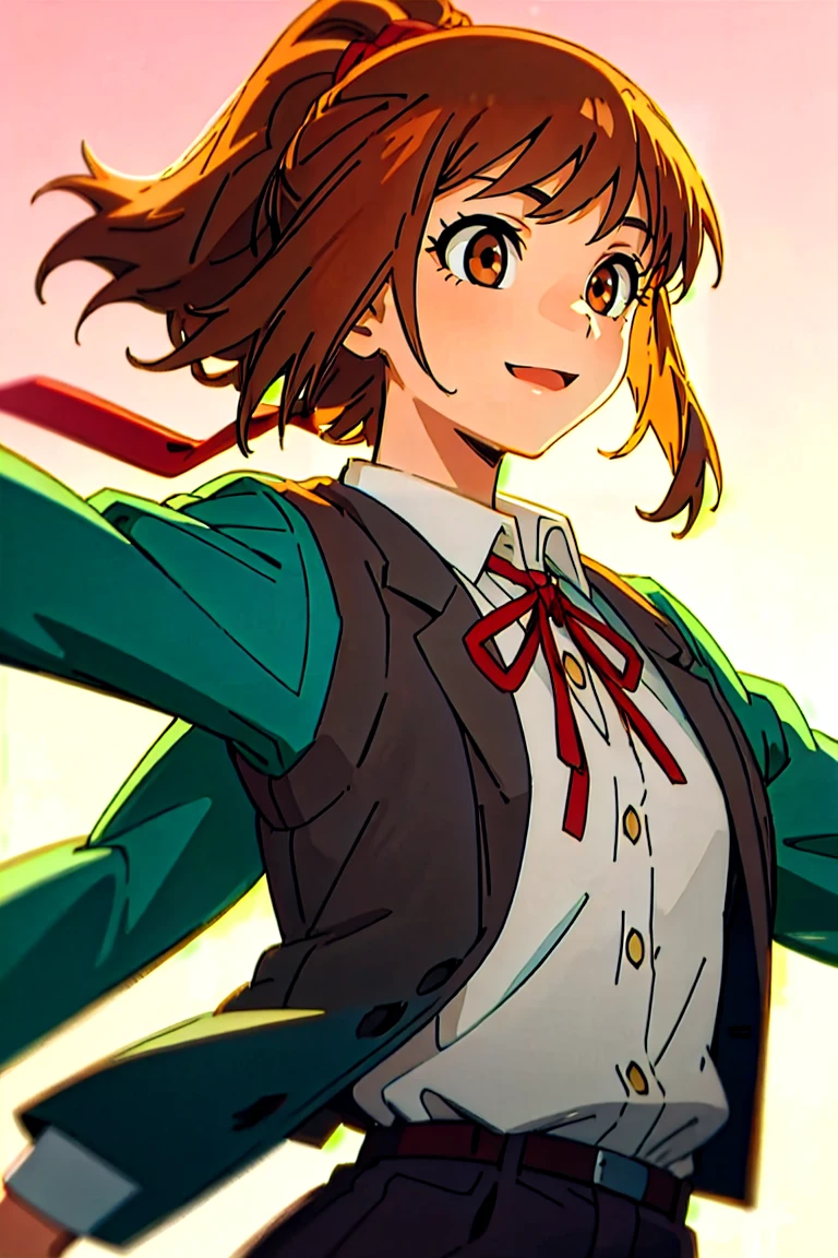 (masterpiece, best quality:1.2), samidare asahina, 1girl, brown eyes, brown hair, jacket, long sleeves, neck ribbon, ocean, red sky, dawn, ponytail, red ribbon, ribbon, , shirt, short hair, solo, sunset, white shirt, (anime, high details, super detail:1.55)