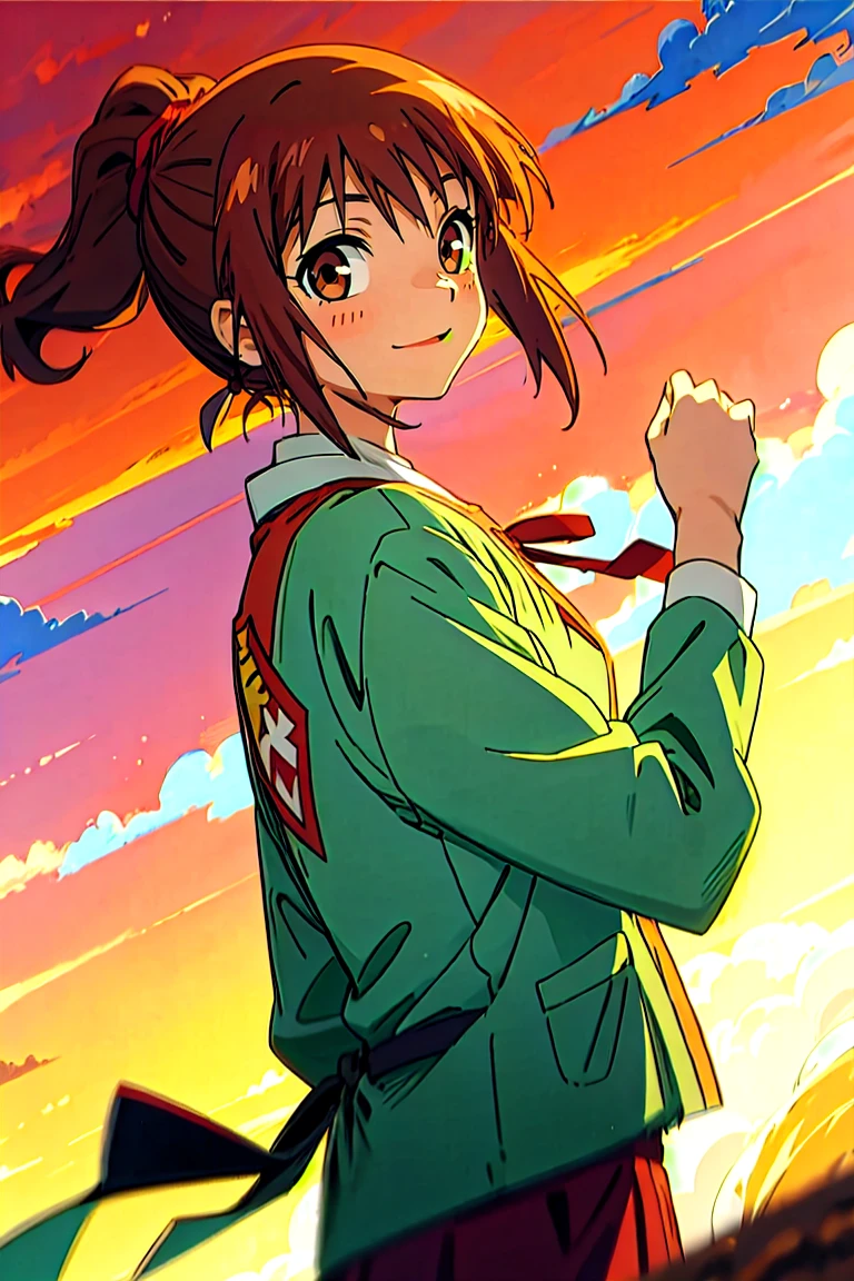 (masterpiece, best quality:1.2), samidare asahina, 1girl, brown eyes, brown hair, jacket, long sleeves, neck ribbon, ocean, red sky, dawn, ponytail, red ribbon, ribbon, , shirt, short hair, solo, sunset, white shirt, (anime, high details, super detail:1.55)