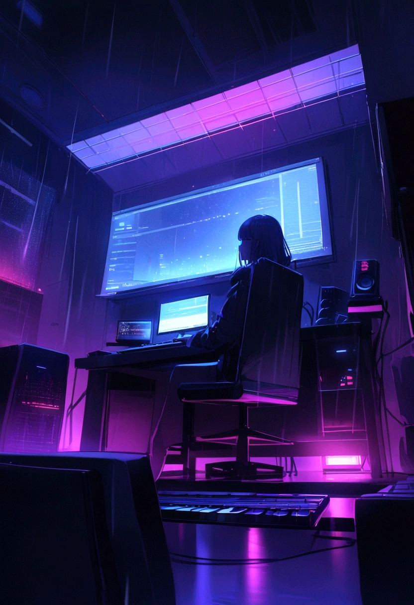 Music study room,dark room, 夜晚, computers, keyboard, Ohrmuschel, Monitor the speaker, Small lights, below, sofa, Rain, night sky, Night City, Absurdities, cyberpunk, A high resolution, ultra sharp, 8K, masterpiece