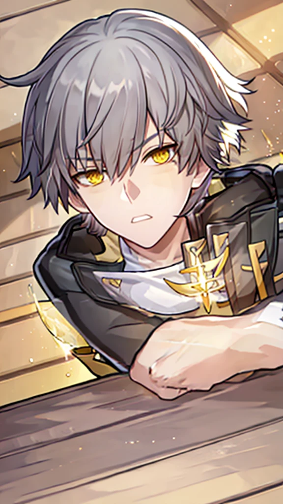 Best quality, masterpiece, A high resolution, male focus, 1 boy, One, only, gray hair, Celus, yellow eyes, Looking at the viewer, detailed face, very detailed, Beautiful, Beautiful lighting, blush, convex, divine rays, rays of light, , depth of field, formal, yellow and black jacket, blush, Sitting, Subing, Sub, warm, room, wooden floor, blanket, Stuffed Toys (Each color block is clearly distinguishable:1.1),