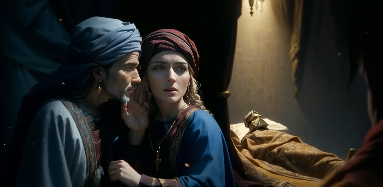 framed scene of a woman and a man in a nativity scene, biblical art lighting, biblical clothing, still from a live action film, screenshot from a movie, ( ( emma lindstrom ) ), biblical epic film, cena do filme live-action, 2 0 2 1 Cinematic 4K Frame Capture, kramskoy 4k, bible illustration, José and José