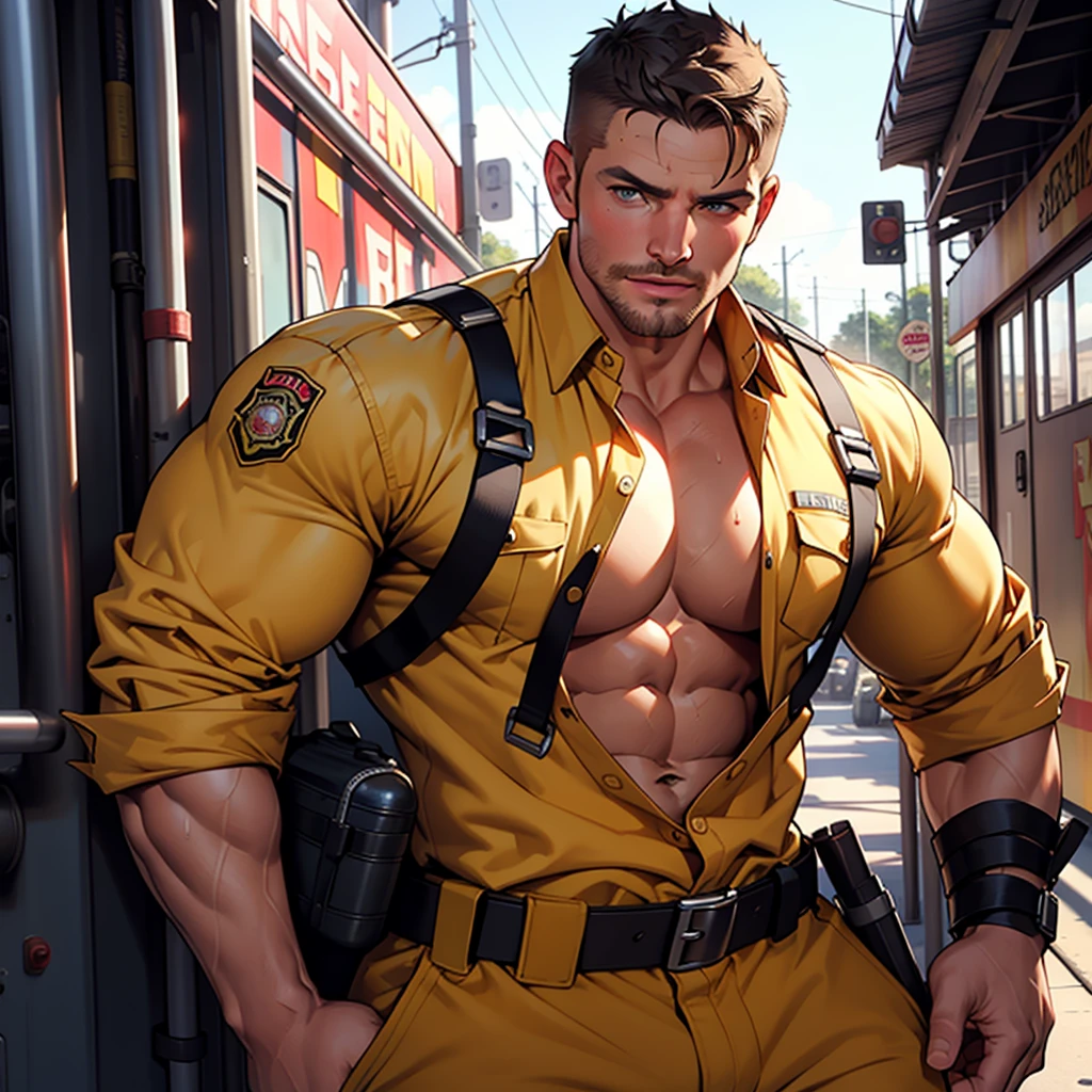 32k,masterpiece, best quality, face, natural eyes, 1man, macho hunk man,, muscled and mature, stephen amell as a firefighter wearing totally unbuttoned firefighter overall, sweating, tight cloth showing his muscles , full body , background station , truck , equipment