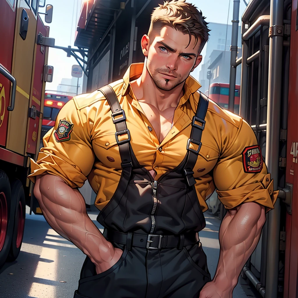 32k,masterpiece, best quality, face, natural eyes, 1man, macho hunk  man,, muscled and mature, stephen amell as a firefighter wearing totally unbuttoned firefighter overall, sweating, tight cloth showing his muscles  , full body , background station , truck , equipment 