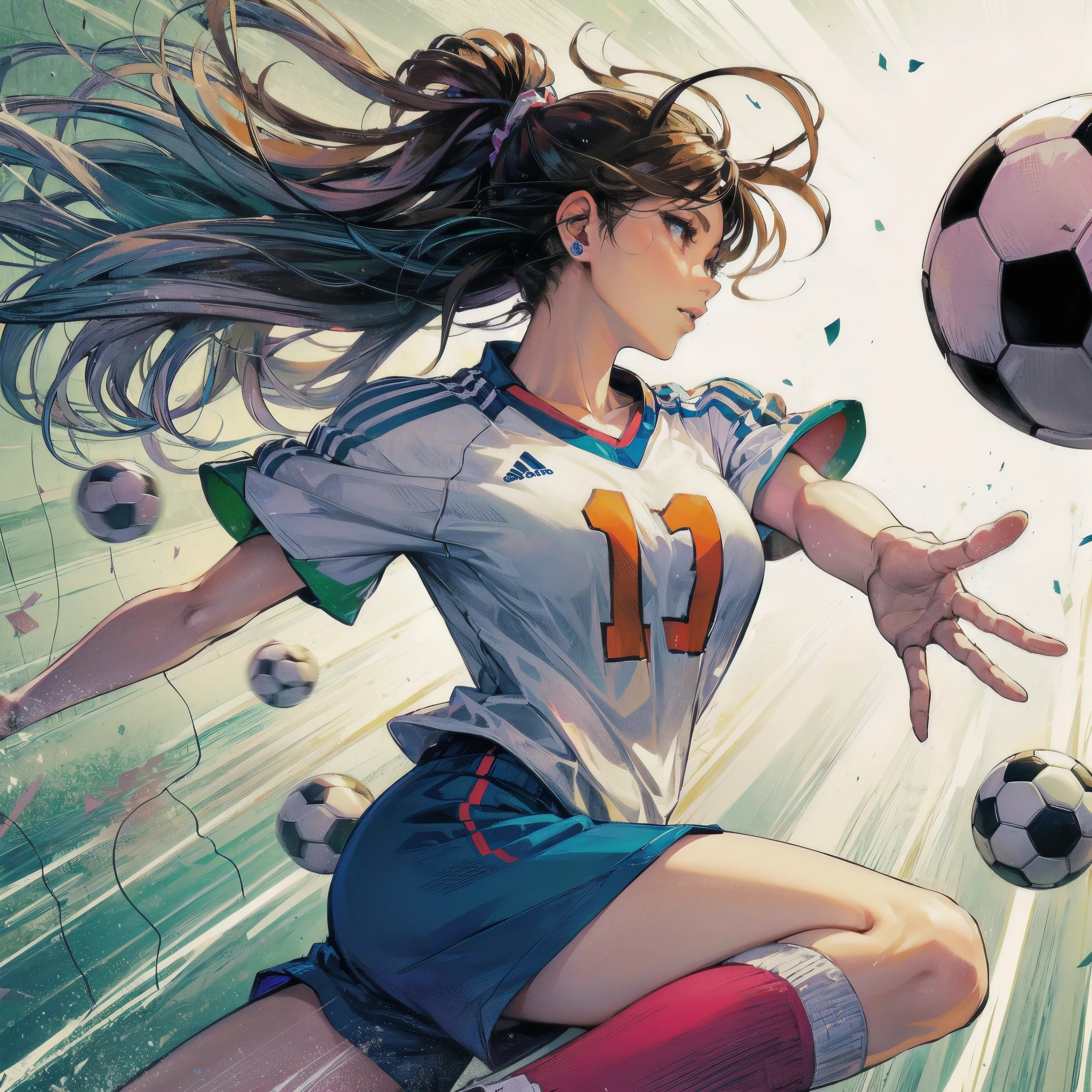 masterpiece, (textured skin), best quality, gorgeous beautiful girl, (a female soccer athlete), detailed clothes,large breasts,narrow waist,, (beautiful face), cinematic lighting, (at soccer venue ),