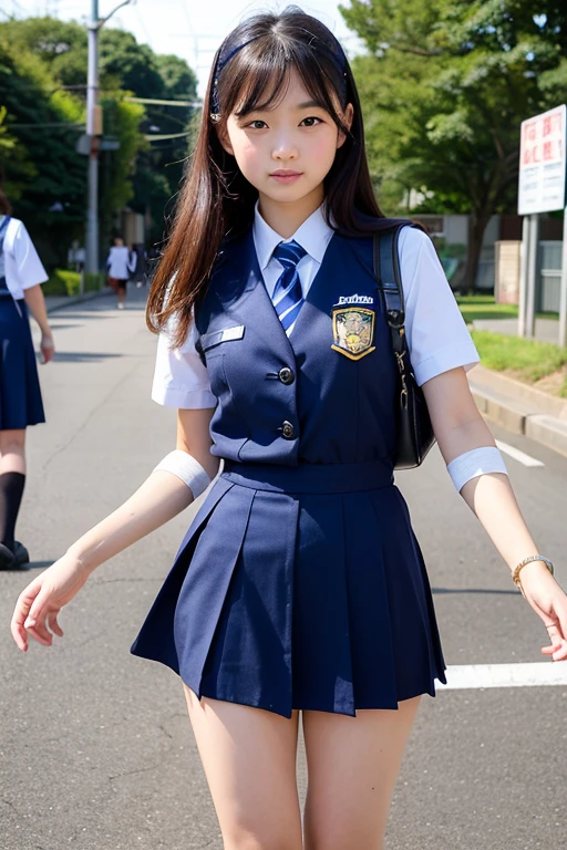 ((Highest quality)), ((masterpiece)), (detailed), Japanese junior high school girls, cute、Beautiful face in every detail、Fair skin、whole body、Arms and legs exposed、Police uniform、Fighting a male perpetrator