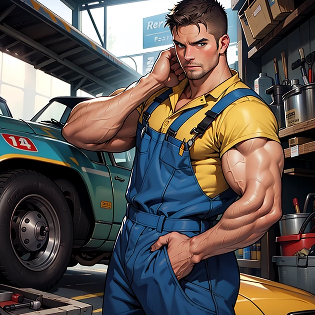 masterpiece , 32k , best quality ,very very detailed face , detailed fingers ,detailed hands, detailed eyes, 1man, hunk man,muscled and mature, stephen amell as a mechanic wearing totally unbuttoned overall, showing muscles , mechanic tools , sweating, tight cloth, , full body view , working on a car, background race cars ,workshop. Tools, .... car mechanical stuff