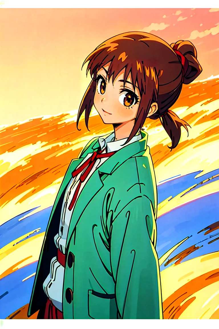 (masterpiece, best quality:1.2), samidare asahina, 1girl, brown eyes, brown hair, jacket, long sleeves, neck ribbon, ocean, red sky, dawn, ponytail, red ribbon, ribbon, rose garden, shirt, short hair, solo, white shirt, (anime, high details, super detail:1.55)