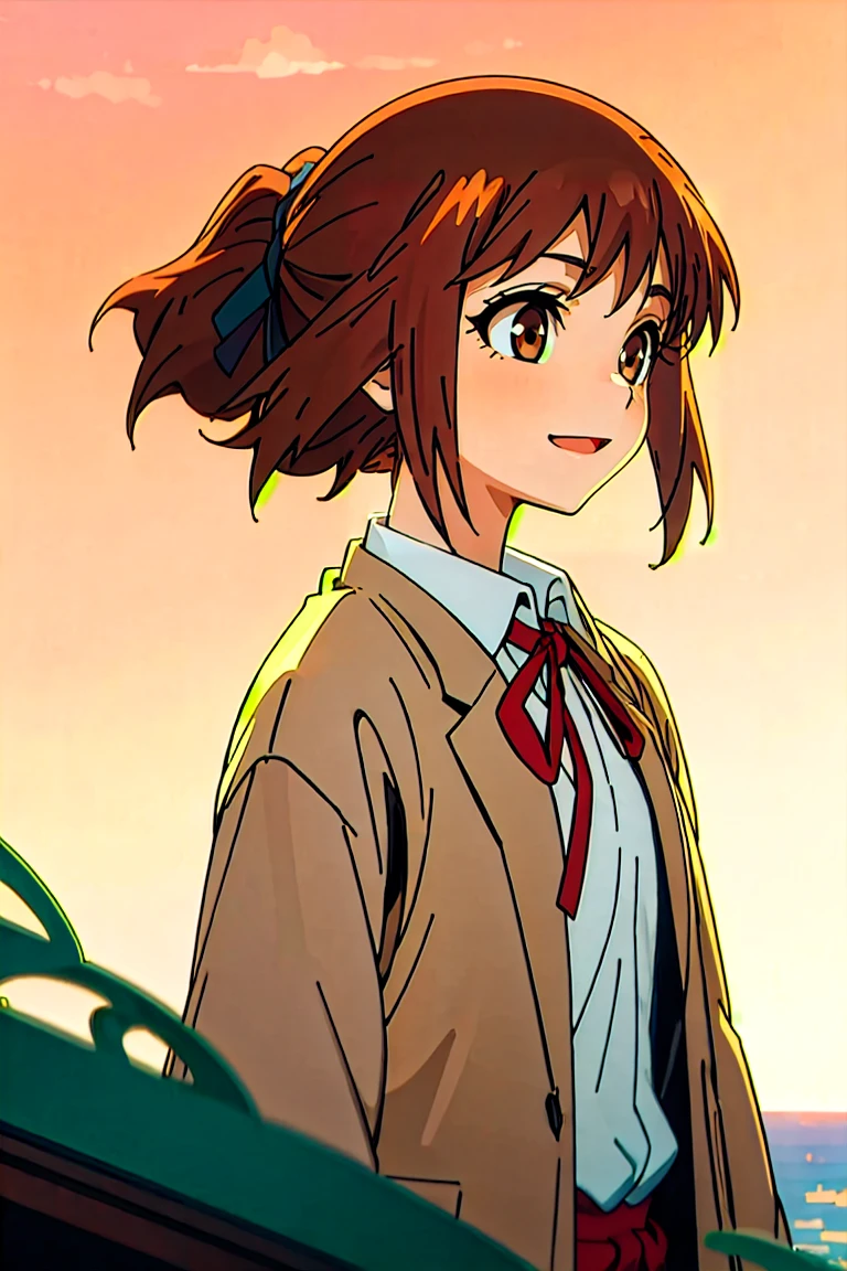 (masterpiece, best quality:1.2), samidare asahina, 1girl, brown eyes, brown hair, jacket, long sleeves, neck ribbon, ocean, red sky, dawn, ponytail, red ribbon, ribbon, rose garden, shirt, short hair, solo, white shirt, (anime, high details, super detail:1.55)