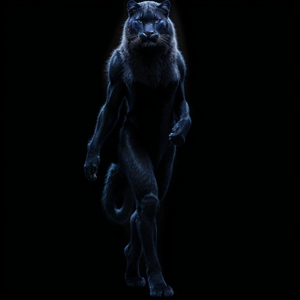 Complete full body image and very real. A Panther Woman, she walks gracefully on two legs, with long black hair, black fur with deep indigo blue slitted eyes. mischievous look Photorealism, full view, highly detailed image, very realistic, hyperrealism, Ultra HD, 8k, 5, sharp focus, intricate and mysterious masterpiece. (Long exposure photography Very detailed close-up portrait artistic illustration: final quality, medium shot, backlight, Rich and striking. Enigmatic and mysterious manipulations (composition of the rule of thirds), ((detailed environment with strong lines) The best quality, in camera, white light, warm and clean aesthetics, dazzling screen composed of millions of brilliant ultraviolet rays, HDR.