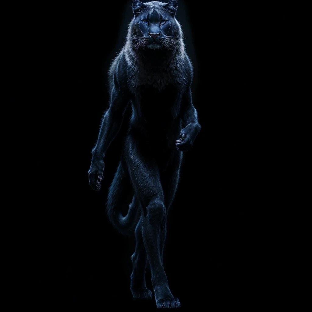 Complete full body image and very real. A Panther Woman, she walks gracefully on two legs, with long black hair, black fur with deep indigo blue slitted eyes. mischievous look Photorealism, full view, highly detailed image, very realistic, hyperrealism, Ultra HD, 8k, 5, sharp focus, intricate and mysterious masterpiece. (Long exposure photography Very detailed close-up portrait artistic illustration: final quality, medium shot, backlight, Rich and striking. Enigmatic and mysterious manipulations (composition of the rule of thirds), ((detailed environment with strong lines) The best quality, in camera, white light, warm and clean aesthetics, dazzling screen composed of millions of brilliant ultraviolet rays, HDR.