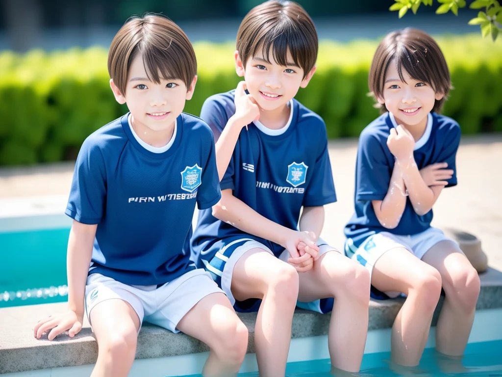 夏休みのprimary school校、Pool、primary school5Grade、Japan Boy、Glowing water splashes、A good boy dripping with water、hot day、Two Boys、Various poses、Short sleeve gym uniform、Blue shorts、physical education、barefoot,(Boy 1.4)、Boys only 、(10Age 1.4)