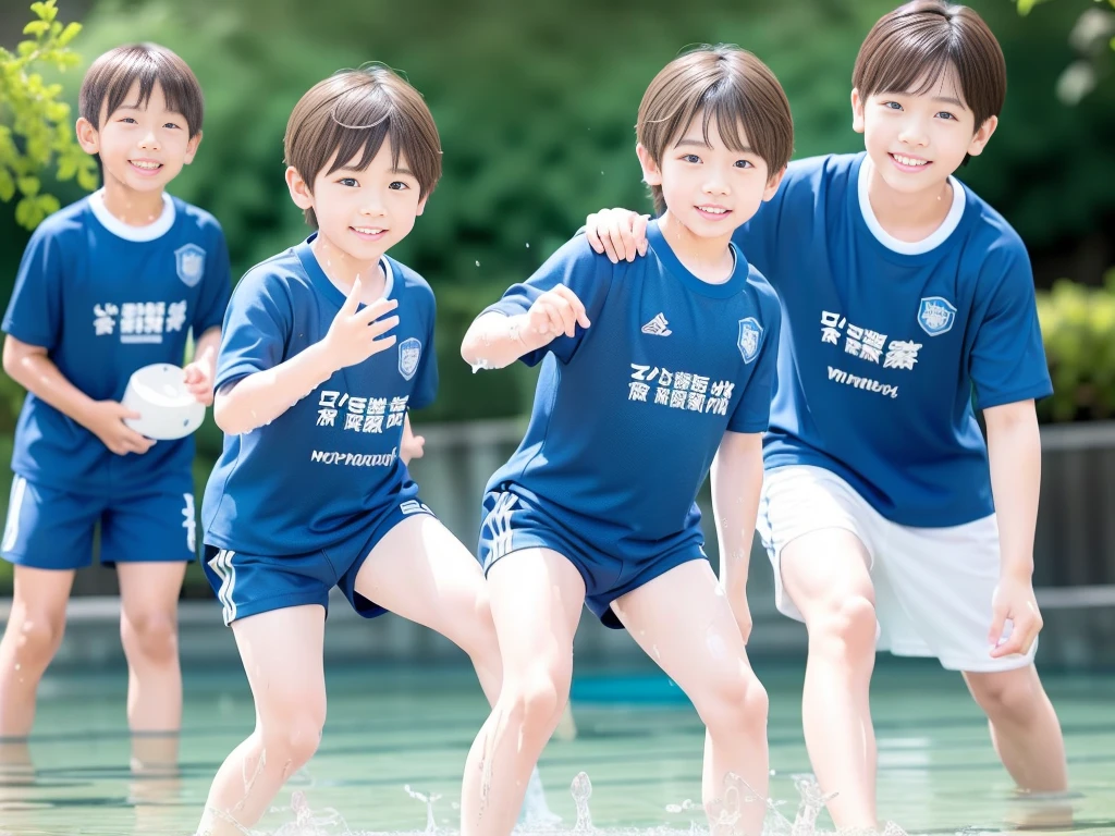 夏休みのprimary school校、Pool、primary school5Grade、Japan Boy、Glowing water splashes、A good boy dripping with water、hot day、Two Boys、Various poses、Short sleeve gym uniform、Blue shorts、physical education、barefoot,(Boy 1.4)、Boys only 、(10Age 1.4)