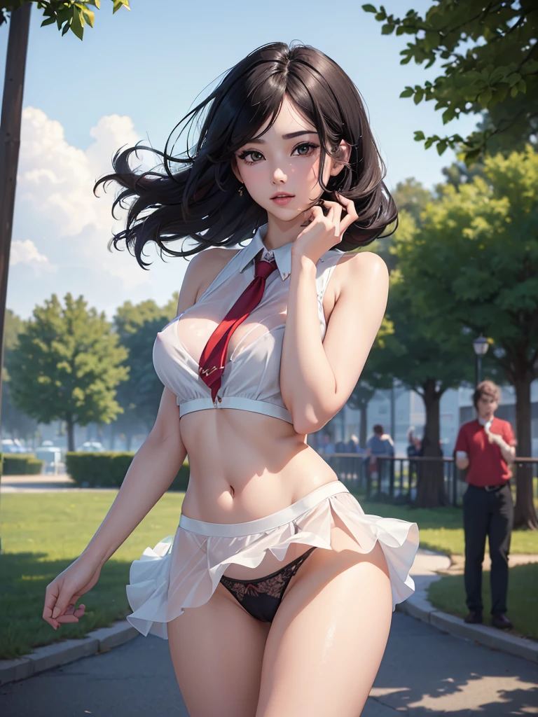 ((((Best Quality, 8K, 32K, masterpiece, 1.2)))),{{solo}},nsfw,{{{Artist: EUPHORIA's style}}},((perfect beautiful face:1.2)), wearing , windy skirt, showing panties, embarrass, see through panties, ((a lot of public hairs:1.3)),