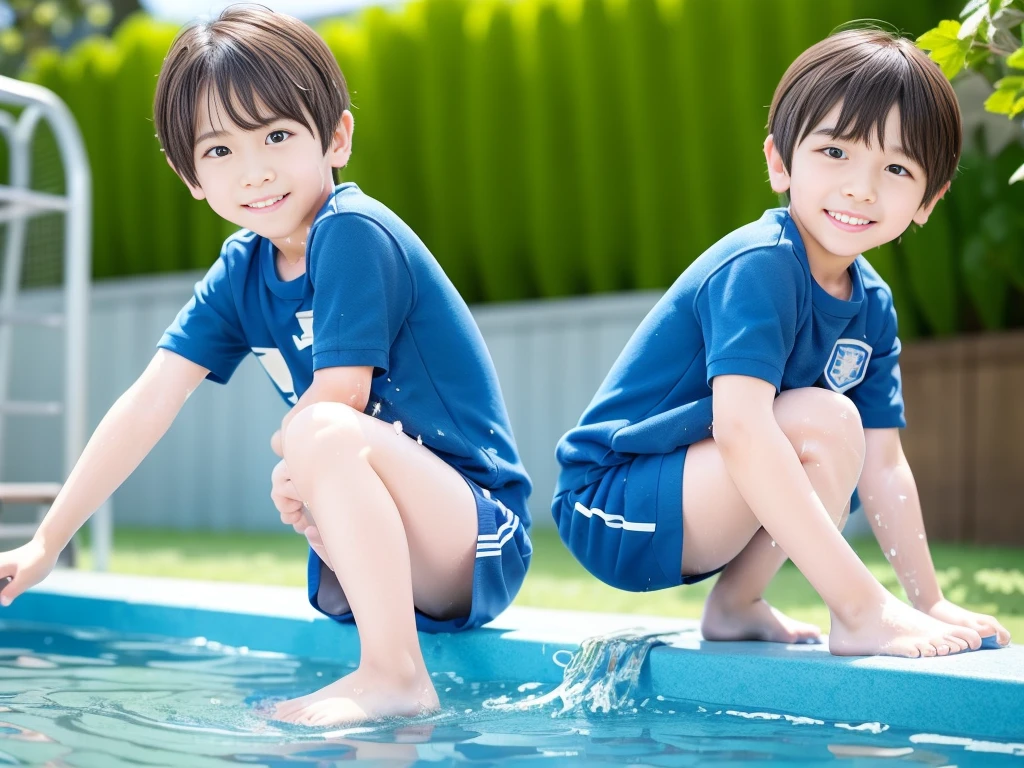 夏休みのprimary school校、Pool、primary school5Grade、Japan Boy、Glowing water splashes、A good boy dripping with water、hot day、Two Boys、Various poses、Short sleeve gym uniform、Blue shorts、physical education、barefoot,(Boy 1.4)、Boys only 、(10Age 1.4)