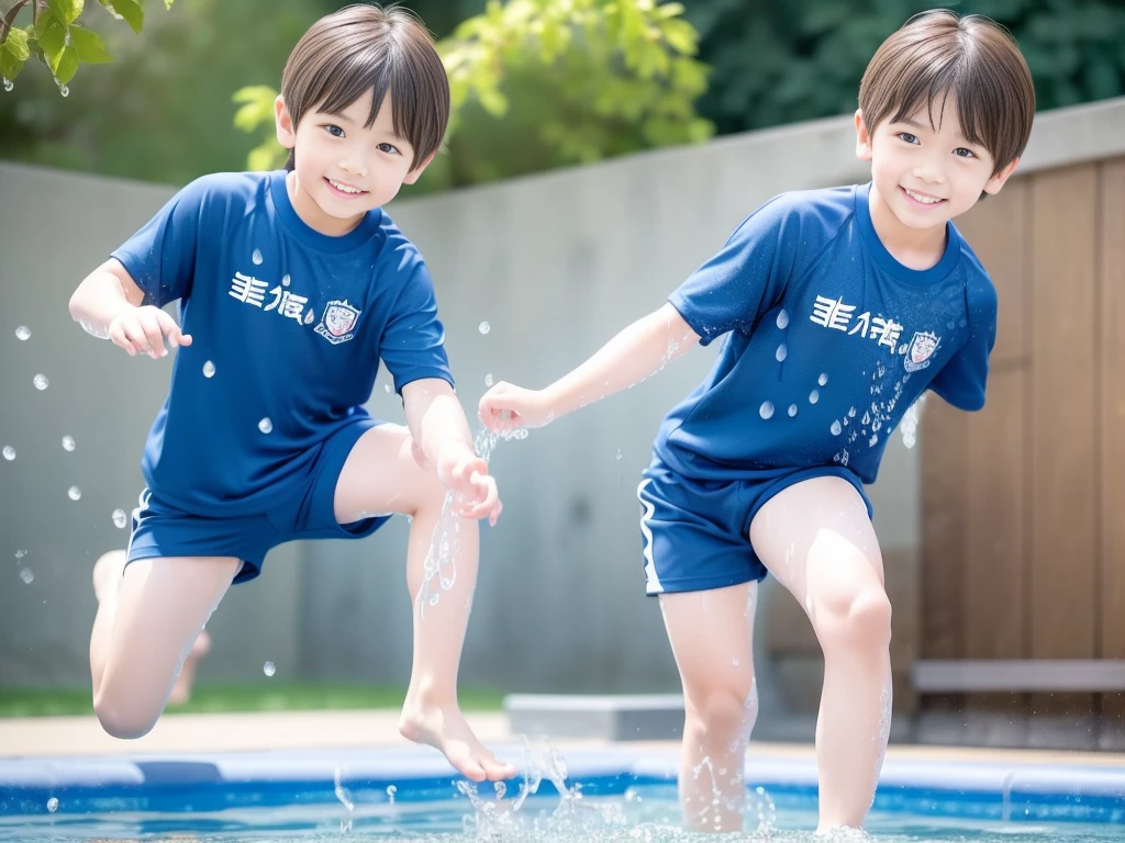 夏休みのprimary school校、Pool、primary school5Grade、Japan Boy、Glowing water splashes、A good boy dripping with water、hot day、Two Boys、Various poses、Short sleeve gym uniform、Blue shorts、physical education、barefoot,(Boy 1.4)、Boys only 、(10Age 1.4)