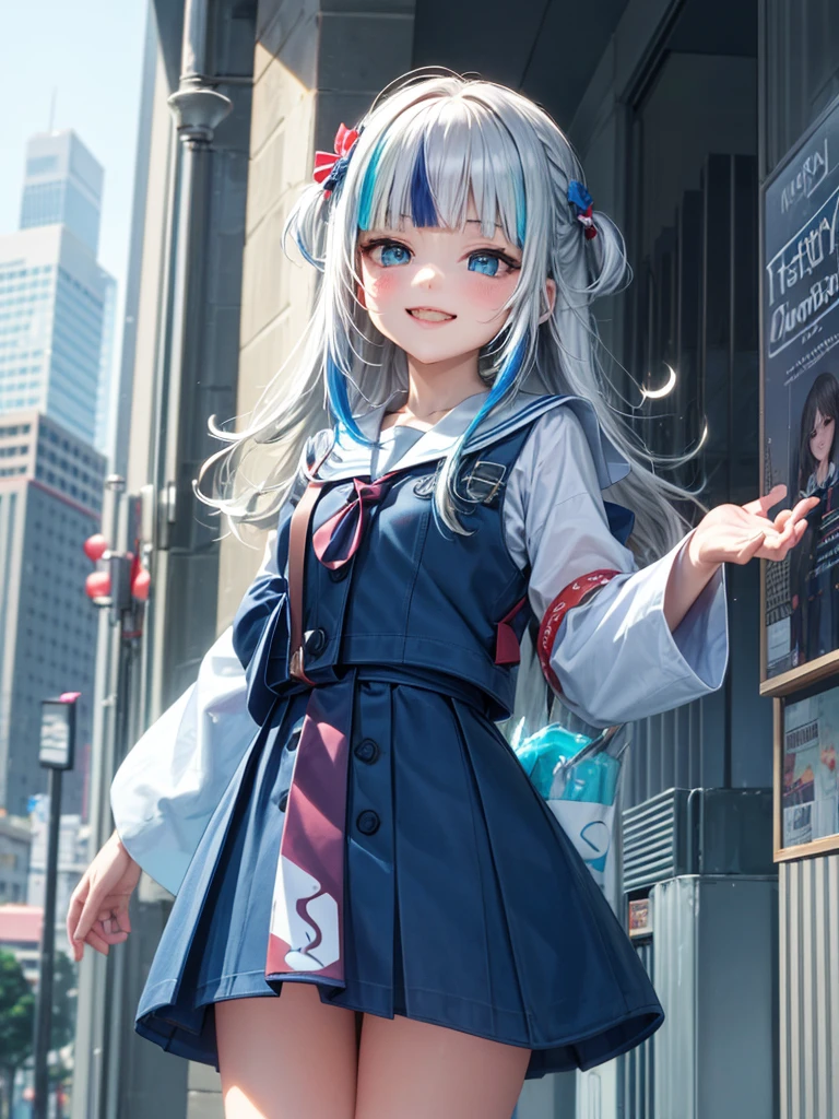 masterpiece、top-quality、gura、l、platinum-blonde、blue sailor school fuku uniform、red blush,cowboy shot 、Grinning、Navy blue tie ribbon,expressive eyes,multi color eyes,blue and cyan eyes,shinig eyes,、blue-sky、vivid colors,spalsh art managa,detailed line art,、natural light,bokeh,City background, skyscrapers