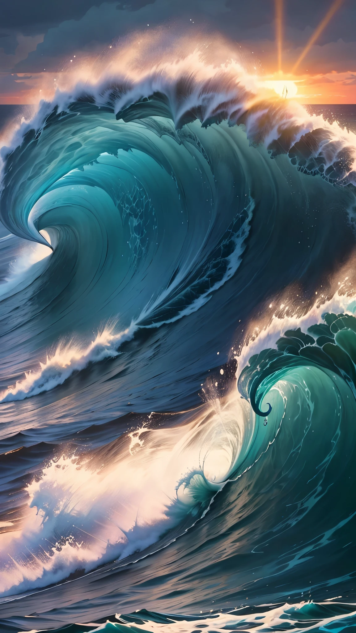 A captivating illustration featuring a giant ocean wave reminiscent of Hokusai’s “The Great Wave off Kanagawa,” rendered in a modern, stylized manner. The wave is the central focus, depicted with vibrant shades of blue and white, crashing towards the viewer. The crest of the wave is detailed with foam and spray, giving it a dynamic and energetic appearance. In the background, a dramatic sky is painted with a gradient of warm colors transitioning from deep red and orange near the horizon to lighter pinks and purples higher up, filled with voluminous clouds that add depth and texture to the scene. The entire composition is set against the backdrop of a setting or rising sun, casting a soft, warm glow over the ocean and sky, enhancing the overall dramatic and serene atmosphere of the artwork. The image captures the raw power of nature and the beauty of the sea, using bold lines and a harmonious color palette.