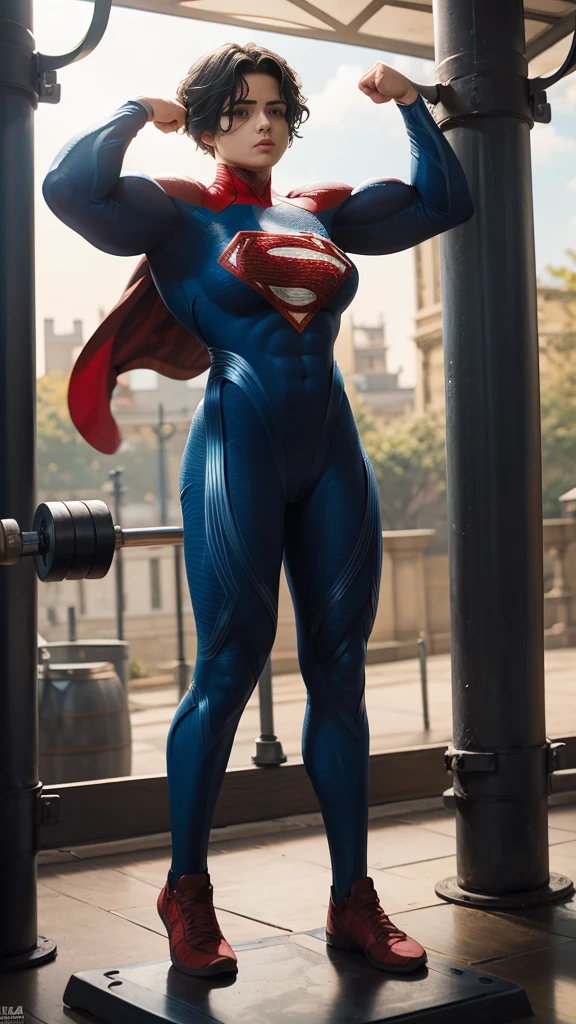 solo, 1girl, 5uper, supergirl, black hair, pixie haircut, blue eyes,muscular strong body,big bulging biceps, blue bodysuit,posing,flexing, long sleeves,in gym,lifting weights,high detail,realistic
