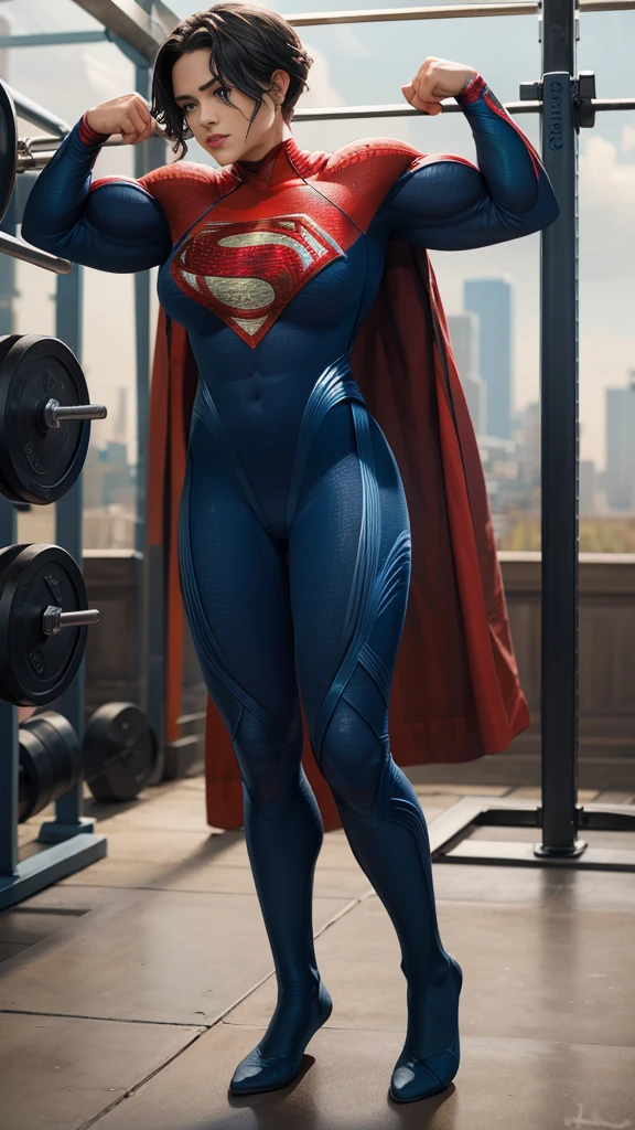 solo, 1girl, 5uper, supergirl, black hair, pixie haircut, blue eyes,muscular strong body,big bulging biceps, blue bodysuit,posing,flexing, long sleeves,in gym,lifting weights,high detail,realistic
