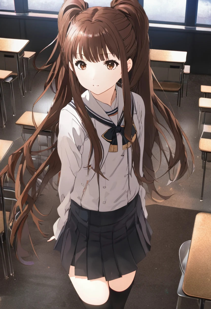 ,(upperbody:1),dsrise, brown hair, long hair, twintails, brown eyes, yasogami , serafuku, black thighhighs, 1girl, solo ,standing, school,ground, (cinematic), anime screencap:0.8, official art, masterpiece, best quality,UHD,HDR,intricate detailed,aesthetic,very aesthetic,,