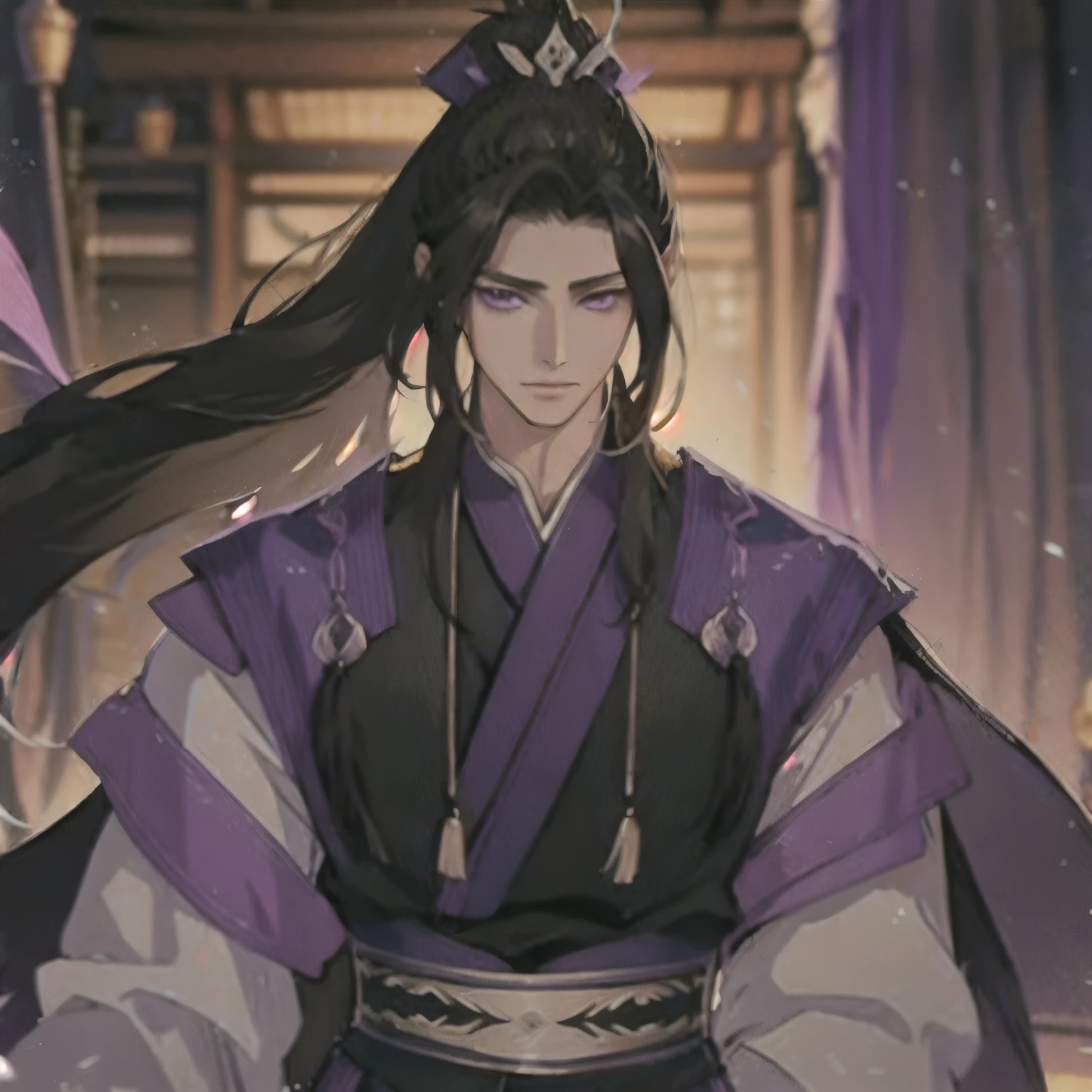 (masterpiece, best quality:1.2), 1male, solo, jiang cheng, mo dao zu shi, mdzs, purple and black clothes, purple eyes, long black hair, perfect anatomy