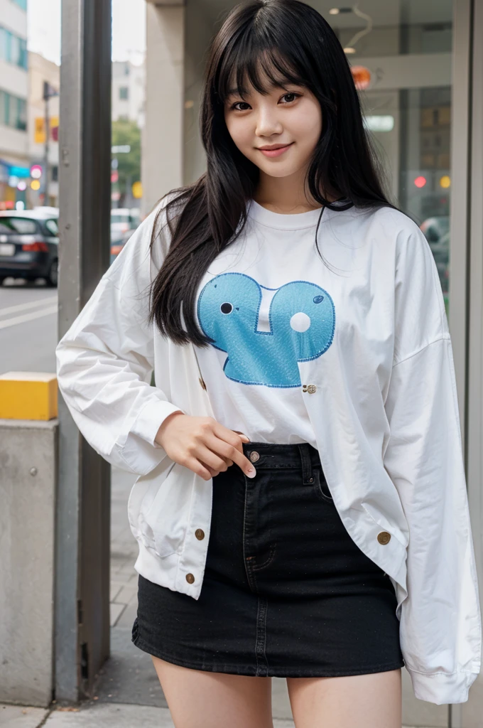 Korean girl with long black hair, cute bangs and smile and cool clothes