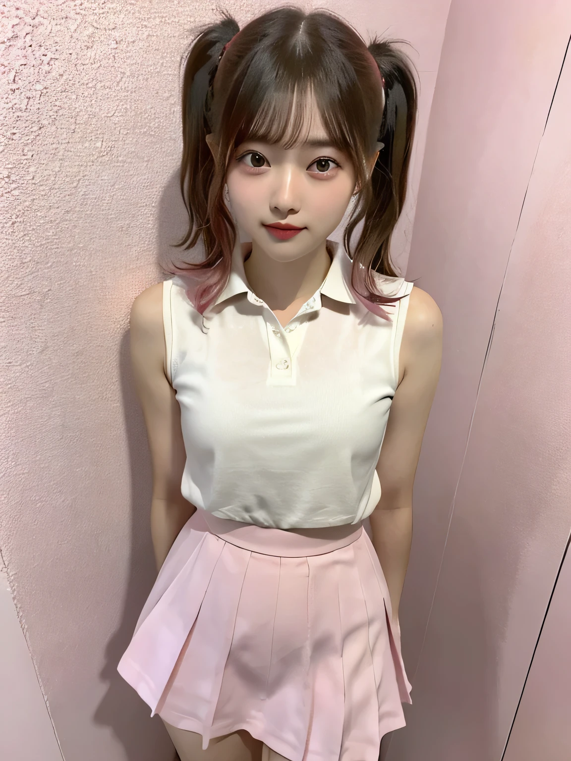 One person、13 years old、Full body photo,slender、woman、White drool coming out of the mouth、smile、、Twin tails、 Fair skin, messy hair, super cute、Soft and Face、8K resolution、Surreal、Ultra high definition、 A-cup small breasts((Highest resolution、8K、masterpiece:1.3))、Ultra-fine face、Ultra Fine Lips、Beautiful Eyes、double eyelid,Pink wall、Sleeveless red polo shirt、White Skirt、Thighs、thin,Thighsが見える、Shapely small breasts、sexy、So cute!