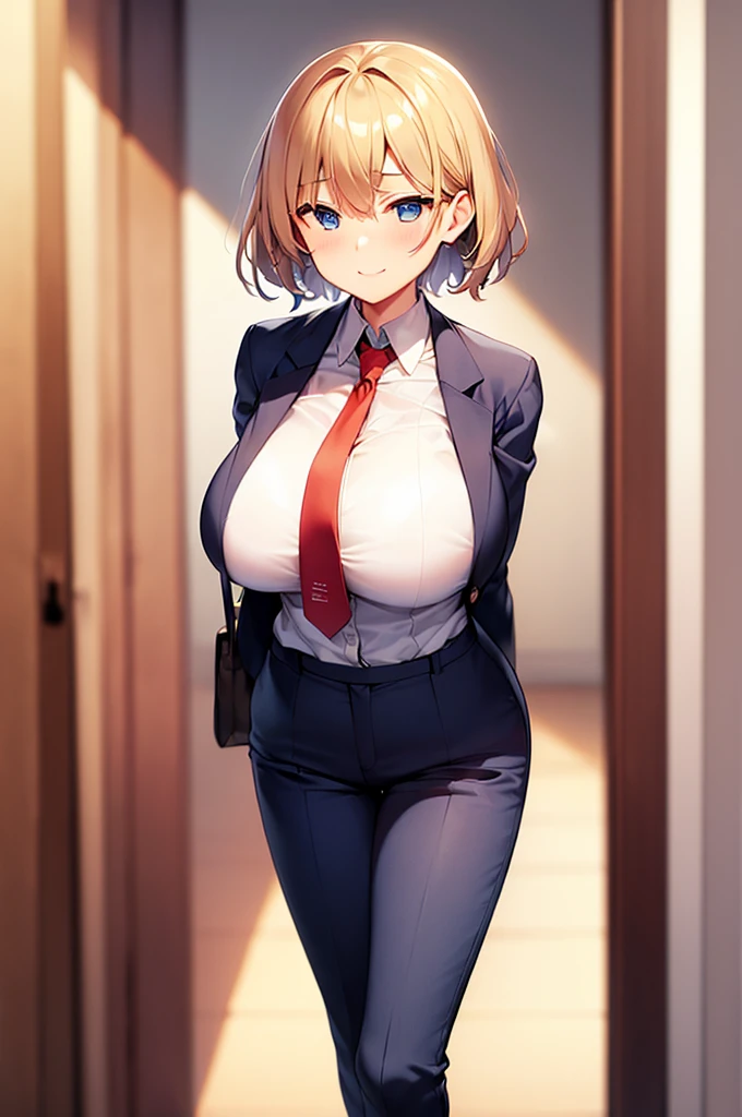 ((Huge breasts))、Blonde、Very short hair、blue eyes、Narrow waist、student、Navy blue blazer、slacks、necktie、Tall、Red cheeks、Perm、Put your arms behind your back、A confident smile