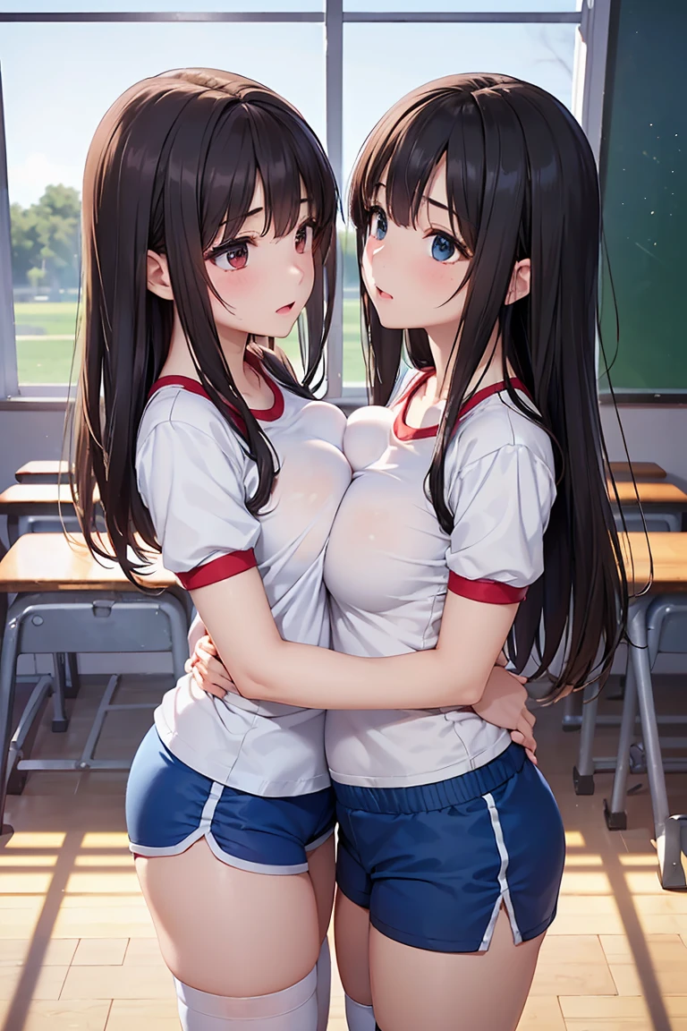 (Two beautiful young people, Perfect body, beautiful and plump breasts, classroom, high school girl, anger), Squashed chest, (Highest quality, 8K, High resolution, masterpiece:1.2), Very detailed, Realistic, photoRealistic, photo-Realistic:1.37, Portraiture, soft and warm lighting, (hug, Symmetric docking, Breast Press:1.4), Squashed chest, (eye contact, Look at other people:1.5), Cowboy Shot, classroom, Long Hair, Black Hair, (Gym Wear, White shirt, Short sleeve, Blue shorts, Black knee socks:1.3), (Gym Wear, White shirt, Short sleeve, Red shorts, White knee socks:1.3)