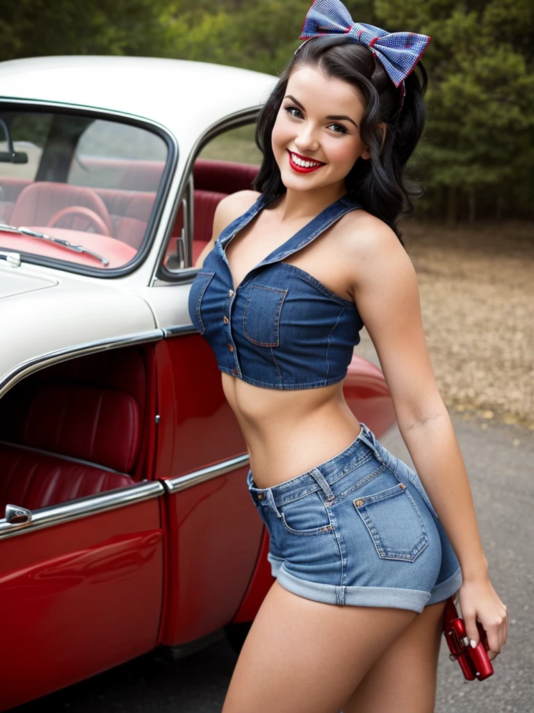 A pin-up young smiling woman with dark hair in pinup style, wearing a red checkered crop top and blue jeans shorts and holding a wrench red bow on a head She leaned her ass on the car