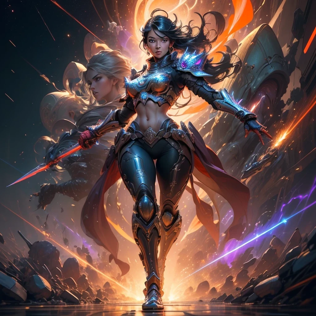 replace the girl with 1girl, solo, masterpiece, best quality, 8k, detailed skin texture, detailed polished metal textures, light reflections off of metal surfaces, highly-detailed eyes, extremely detailed face, intricately detailed (silver and black) hair, (ultra-detailed supermodel face):1.4, beautifully detailed body, insanely detailed background, bold colors, A stunningly beautiful, extremely fit girl, with a long braided ponytail, (wearing futuristic:1.3, Samurai armor):1.34 is (holding a Katana sword in one hand):1.5. and (a long dagger in the other hand):1.5, (((bright red and orange tracers are flying past her))):1.5 (((light trails follow the swords that are swung at high velocity))):1.33, (resembling glowing speed lines):1.4. (She has large bright blue eyes):1.4, (a button nose, perfectly shaped lips):1.2, (a flawless face):1.33 and (the body of a fitness model):1.25, (maximum detail):1.4. (She has a lean waist, an extremely toned midriff, slender thighs, slim calves, and flawless large breasts):1.42, (there are laser bolts and explosions all around her):1.4, and the scene is very (chaotic:1.3), (((detailed line work and delicate, flowing brushstrokes))), giving the art a dreamlike and ethereal quality, the art style is heavily influenced by futuristic Anime Films, Concept Art, Surrealism and Art Nouveau with intricate patterns and decorative details):1.2, (motifs from nature such as wolves, lightning, and dragons):1.3. (featuring vivid shades of red, blue, green, and purple, also using silver and gold metallic accents):1.4 (cinematic movie still, masterpiece, best quality, absurd resolution, 8k, Monte Carlo Ray Tracing:1.2, path traced subsurface scattering):1.4, (((HDR, UHD, volumetric lighting, Unreal Engine 5, Unity Engine, Blender, octane render))), (exquisite subject composition and use of lighting:1.4, exceptional, award-winning shading:1.4, sharp focus:1.35, top angle, full body shot, photorealistic, natural beauty):1.4, 8K, Absurdres